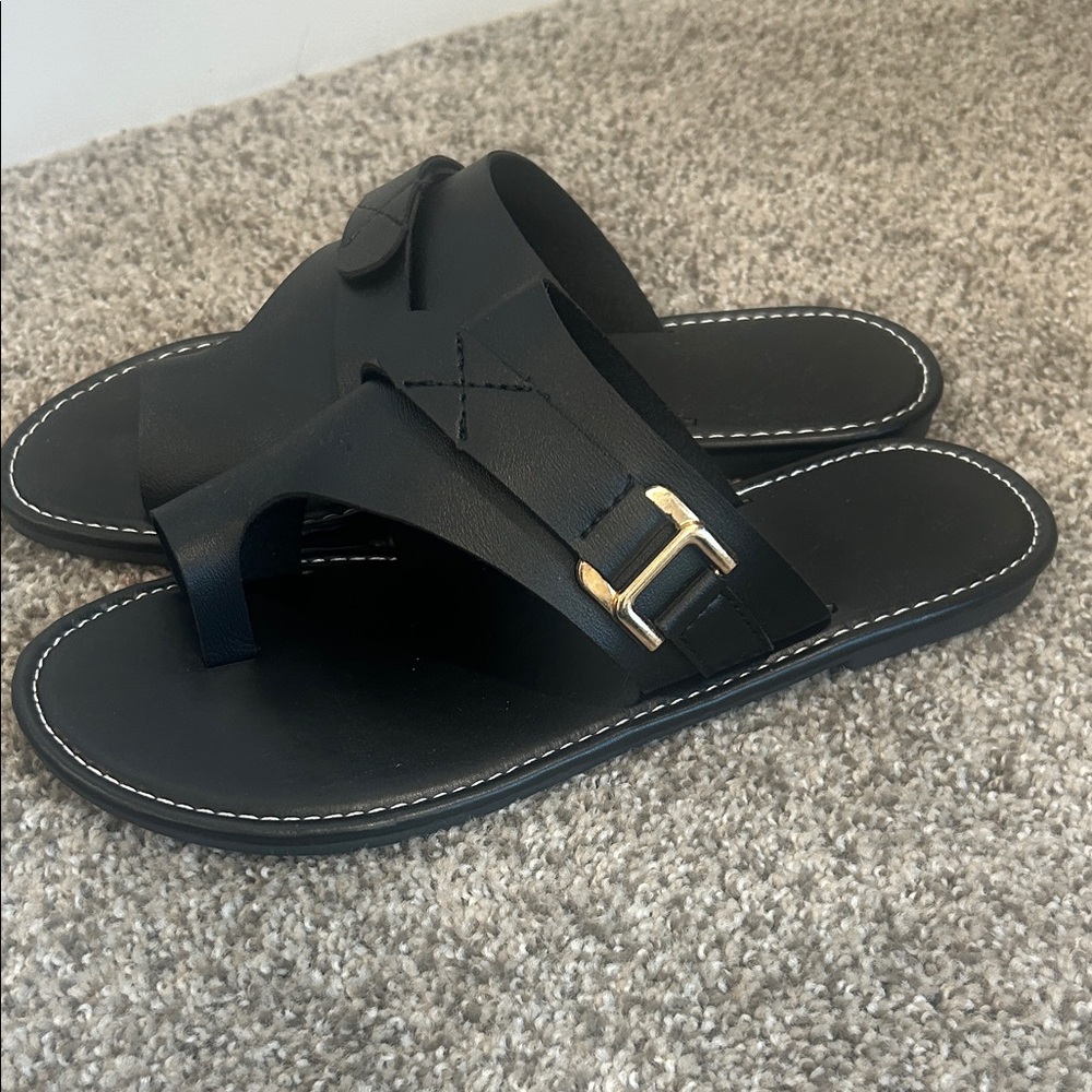 NWOT. Black Sandals with Gold Buckle
